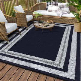 HarmonyHealth Outdoor Rug for Patio Plastic Straw Rug 9x12 Waterproof Reversible Patio Mat for RV Modern Area Rugs for Outside Camping Picnic Backyard Deck Balcony Porch Beach, Navy and White