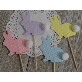 Pastel Bunny Rabbit Easter Cupcake Toppers - Polka Dot Embossed Food Picks - Appetizer Picks (Set of 12)