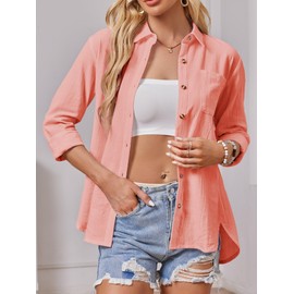 AXUIOKRY Linen Button Up Long Sleeve Shirts for Women Gauze Button Down Summer Linen Blouse with Pocket Peach XL