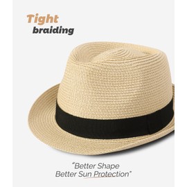 Creekstone Straw Fedora Sun Hat for Women Men Short Brim Panama Trilby Beach Hat Packable Summer Hat UPF 50+ (UK, Alpha, M, Beige)