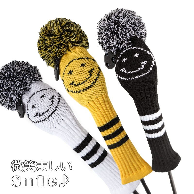 Set of 4 Knit Golf Headcovers Smile Cover Golf (Black)