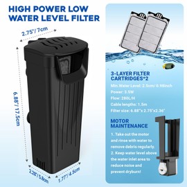 GOZILLA Turtle Tank Filter 74GPH, Low Water Level Turtle Tank 3.5W Fish Tank Aquarium Filters for Small Tanks up to 15 Gallons Include 2 Replacement Cartridge.(Black)