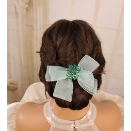 Kenjudess Mesh Tulle Pearl Flower Bow Hair Clips with Beaded Crystal Chiffon Bow Hair Barrettes Hair Pins Feather Bridal Wedding Hair Accessories for Women (Green+Bow+Crystal)