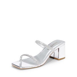 DREAM PAIRS Sandal Heels for Women Low Square Open Toe Block Chunky Heels Slip On Slides Mules for Party Homecoming Daily,Size 8,Shiny Silver,DWUMSS2516