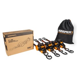 Keeper 2-Pack Retractable Ratchet Tie Down Straps – 1" x 10' Auto-Retract for Motorcycles, ATVs, UTVs, Moving & Trailer Loads – Safety Brake, Split Drum, 500 lbs WLL, S-Hooks with Clips
