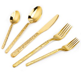 20-Piece Gold Silverware Set, Hammered 18/10 Stainless Steel Flatware Set for 4, Food-Grade Cutlery Set, Tableware Set Including Fork Knife Spoon Set,Dishwasher Safe
