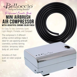 Belloccio Quiet Mini Airbrush Compressor with 6 Foot Hose - 3 Airflow Settings, Chrome Color, Airbrush Holder - Ideal for Makeup Cosmetics, Sunless Spray Tanning, Temporary Tattoos, Cake Decorating