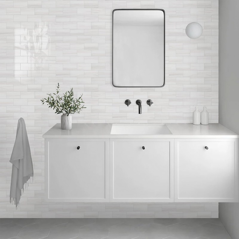 Vamos Tile 100-Piece Glossy Dolomite White Peel and Stick Backsplash