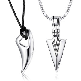 Morfetto 2 Pieces Stainless Steel Pendant Necklace for Men Spearpoint Arrowhead Wolf Teeth Pendant Chain Necklace Set, Stainless Steel