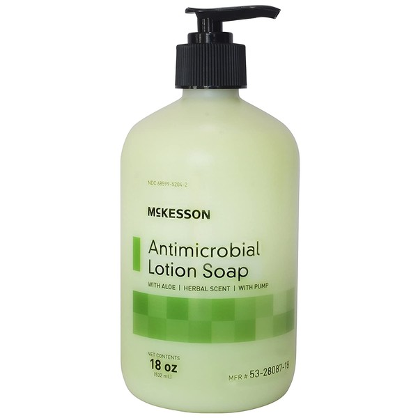 McKesson Antimicrobial Lotion Soap with Pump, Aloe, Herbal Scent, 18 oz, 12 Count