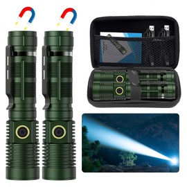 Small Tactical Flashlights 20000 High Lumens - 1500 Meters Long Beam Super Bright LED Magnetic Flashlight USB Rechargeable Zoomable 5Modes Long Beam Spotlight Flashlight for Hiking, Camping-dark Green