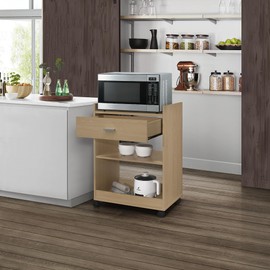 Kings Brand Furniture Dellow Microwave Cart with Storage Shelves and Drawer - 2 Shelf Veneers & Wood Kitchen Cart with Storage - Lockable & Unlockable Microwave Wooden Cart with Wheels - Beech