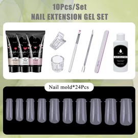 Professional 10-Piece Poly Gel Nail Extension Kit with Clear, White & Pink Builder Gels – Includes Slip Solution, Dual Forms, Nail Clips & Manicure Tools for Salon-Quality DIY Manicures