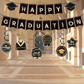 Happy Graduation Banner,Black and Gold congrats grad Signs Banner,Graduation Party Decorations Supplies,Class of 2025 Backdrop
