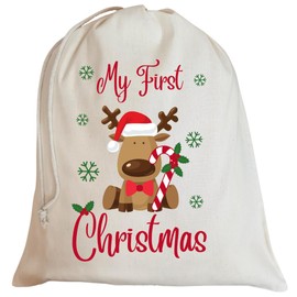 Second Ave Cute Children's My First Christmas Reindeer Cotton Drawstring Xmas Santa Sack Bag Gift