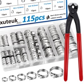 mxuteuk Pack of 115 6-28.6 mm Single Ear Hose Clamps with Ear Clamps Pliers Crimp Hose Clamps for Car, Home, Device, Pipe, Fuel Line, Continuous Hose Clamp with Crimp Clamps, Pliers