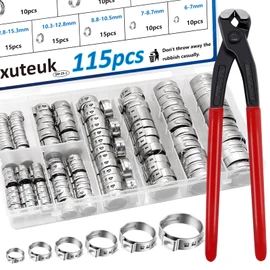 mxuteuk Pack of 115 6-28.6 mm Single Ear Hose Clamps with Ear Clamps Pliers Crimp Hose Clamps for Car, Home, Device, Pipe, Fuel Line, Continuous Hose Clamp with Crimp Clamps, Pliers