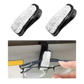 MUQIDA 2 PCS Glasses Holders for Car Sun Visor, Bling Crystal Rhinestones Eyeglasses Sunglass Hanger Mount, Diamond Sunglass Hanger Mount with Ticket Card Clip for Women Girls (White)