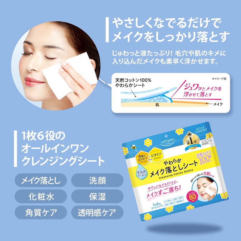 Softymo Cleansing Natural Cotton Sheet, Large Size, 80 Sheets