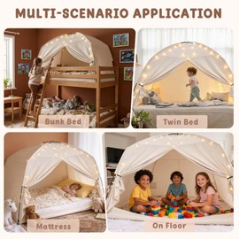 GOLDEN MARS Twin Bed Tent for Kids, Indoor Play Tent with Star Lights, Cozy Privacy Space Birthday Gift for Boys & Girls (Cream)
