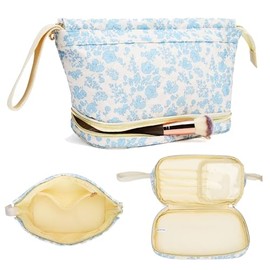 Long Keeper Florale Kosmetiktasche Damen Baumwolle Doppelschicht Große Make-up Tasche Blume Reise Kulturtasche Tragbarer Organizer Waschtasche (Weiß Blau Blume)