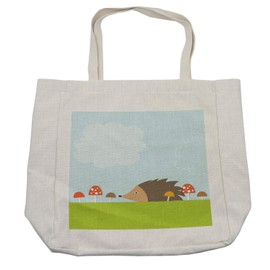 Ambesonne Hedgehog Shopping Bag, Animal in the Mushroom Field Woodland Wildlife Cartoon Theme, Eco-Friendly Reusable Bag for Groceries Beach and More, 15.5" X 14.5", Green Brown Pale Blue