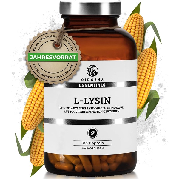 QIDOSHA® L Lysine Capsules High Dose 365 Capsules in Glass L-Lysine 500 mg Capsules, of which 400 mg Pure L-Lysine, 100% Vegetable Amino Acid L-Lysine, L Lysine Vegan, Produced in Germany