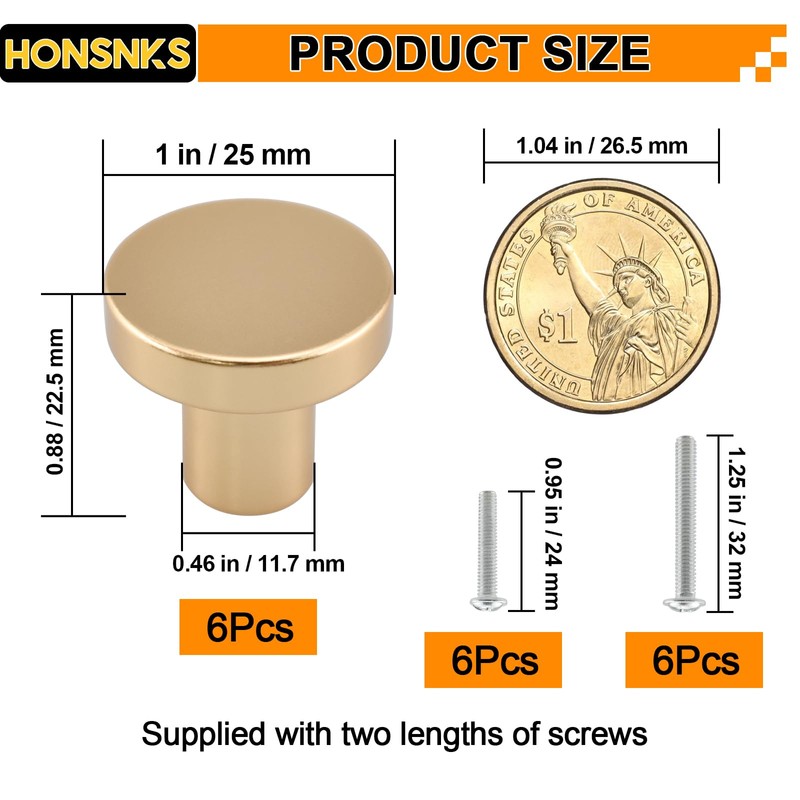HONSNKS Gold Round Metal Dresser Drawer Knobs, Brushed Solid Brass