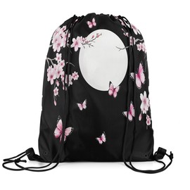 jejeloiu Pink Cherry Blossoms Drawstring Backpack 13"x15.7" Japanese Butterfly Sports Gym String Bag Sakura Flower Moon Drawstring Bags Floral Botanical Waterproof Cinch Bag Branches