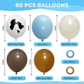 Cow Print Balloons Set, 12Inch 60pcs Blue Brown Cow Balloons Cow Print Balloons Cow and Brown Blue Balloons for Bithday Baby Shower Farm Western Cowboy Cow Themed Party Decorations