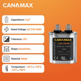 Canamax 3uf MFD 50/60 Hz 370-440 VAC Volts Oval Start Capacitor - Compatible with AC Motor Run or Fan Start and Cool or Heat Pump Air Conditioner - Replaces C403 C403L C303 12027 4X425A