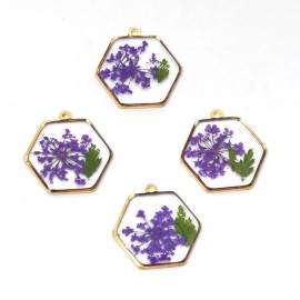 6PCS Gold Tone Queen Anne's Lace Flower Resin Hexagon Charm Pendant GYX808