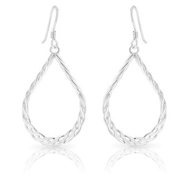DTPsilver® 925 Sterling Silver Hook Dangle Earrings - Teardrop Twisted Rope Style - Size: 19 x 43 mm