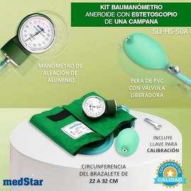 MEDSTAR | Baumanómetro con Estetoscopio Simple Verde + Oximetro Blanco de Pulso Ligero para Dedo, Adulto e Infantil, Incluye Estuche y Cordón