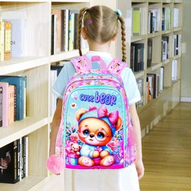 UFNDC 3PCS Girls Bookbag, 16" Kids Bear Backpack with Lunch Box, Water Resistant School Bag for Elementary Preschool Toddler