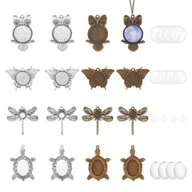 AHANDMAKER 16 Sets Animal Pendant Trays, 4 Styles Tibetan Animal Photo Charms with 4 Sizes Glass Cabochon Bezel Settings, Butterfly Dragonfly Owl Turtle Blank Bezel Pendant Trays for DIY Craft Jewelry Making
