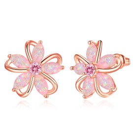 CiNily Flower Earrings, Opal Stud Earrings for Women 14K Rose Gold Plated Ladies Flower Stud Earrings Cute Unique Earrings Pink Opal Earrings for Women, Rose Gold Plated Brass, Created Opal Cubic