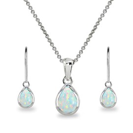 B. BRILLIANT Jewelry Sets for Women Opal Necklace and Earrings Sterling Silver Simulated White Gem Teardrop Bezel Short Pendant Necklace & Dangle Earrings