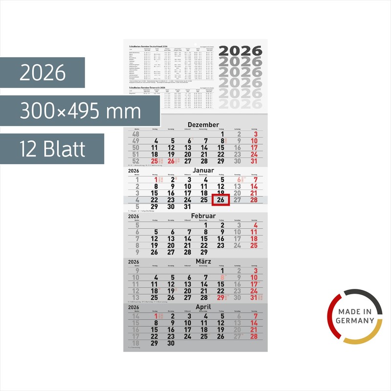rido/idé 5-Month Calendar 2026, Grey, 300 x 630 mm