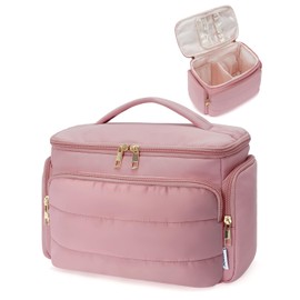 WANDF Travel Toiletry Bag for Women, Wide-open Large Makeup Bag with Handle, Puffy Makeup Organizer for Toiletries, Cosmetics, Accessories, Essentials (Dusty Pink)