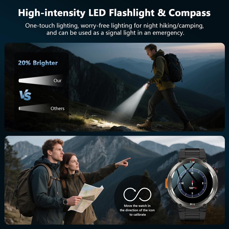 Military Tactical Smart Watches for Men with Compass/Flashlight