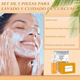 3 Piece Set Limpiador Facial De Crcuma,Jabn Turmeric SoapAlmohadillas exfoliantes,Es Adecuado Para Todo Tipo De Piel, Limpiador Facial Espumoso Iluminador Que Puede Limpiar e Hidratar Profundamente