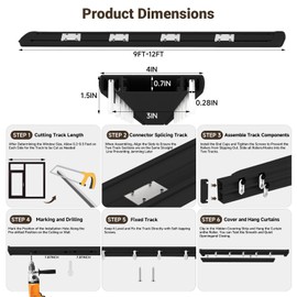 Double Row Ceiling Mount Curtain Track Rods for Windows,Black 9-12FT Adjustable Floor to Rieles Para Cortinas Corredizas de Techo with Curtain Slider Rieles Para Cortinas for Hotel Hospital