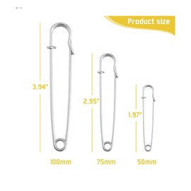 48 PCS Large Safety Pins, Stainless Steel Blanket Pins, Sturdy Bulk Pins Assorted Sizes (1.9",2.95",3.94"), Heavy Duty Pin Bulk for Clothes Leather Canvas Blankets Crafts Skirts Kilts (Silver)