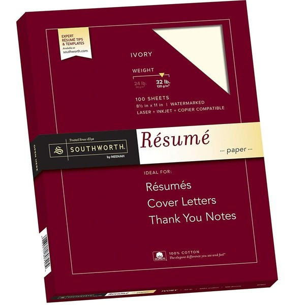Southworth 100% Cotton Resume Paper, ivory, 8 1/2 in x 11 in (SOURD18ICF)