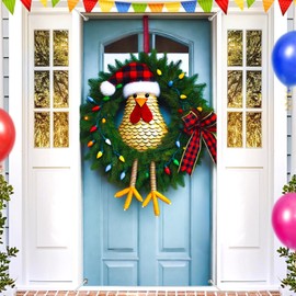 BlissYard Christmas Door Cover Winter Door Cover Chicken Wreath Plaid Hat Doors Banners 71x35 Inch Festive Holiday Doors Decor Merry Christmas Decor Front Decoration Welcome Bright