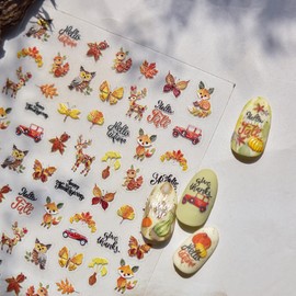 Fall 5D Embossed Nail Art Stickers Decals Thanksgiving Nail Decals Cute Squirrel Owl Butterfly Dragonfly Design Nails Art Supplies Self-Adhesive Autumn Leaves Nails Stickers for Women Manicure Decor
