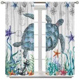 Sea Turtles Curtains,Ocean Shell Starfish Nautical Theme Window Treatments for Bedroom Living Room,Tropical Coral Sea Animals Kids Drapes 42x63in