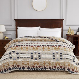 CASAAGUSTO Boho Sherpa Throw Blanket, Aztec Queen Blanket, Ultra Soft, Warm, Cozy, Plush, Thick Fleece Bohemian Throw Blanket for Couch, Bed, Sofa (Khaki 90 * 90 Inch)