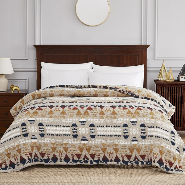 CASAAGUSTO Boho Sherpa Throw Blanket, Aztec Queen Blanket, Ultra Soft,